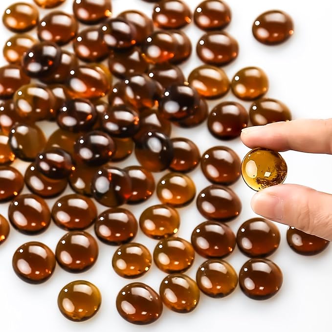 CYS EXCEL Amber Glass Gemstone Beads Vase Fillers (2 LBS) Flat Marble Beads Multiple Color Choices Aquarium Decor Rocks Floral Stones Decorative Mosaic Glass Gem Pebbles