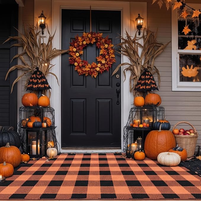 Tinideya 4' x 6' Thanksgiving Plastic Straw Outdoor Rug Waterproof Plaid Buffalo Front Doormat Porch Mat Patio Deck Mat for Outside Indoor Garden Lawn Balcony Holiday Decorations(Orange and Black)