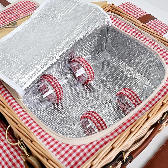 Multifunctional Wicker Picnic Basket Set for 4 with Blanket and Picnic Table, Insulated Picnic Set with Full Tablewares for Camping Outdoor Couples, Gingham