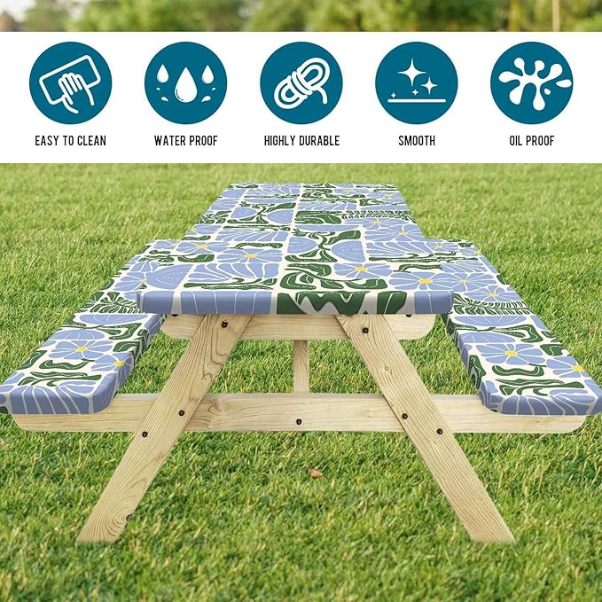 Picnic Table Covers with Bench Covers Boho Patchwork Blue Green Flower Pattern Camping Tablecloth Fitted Picnic Table Cover with Elastic Windproof Waterproof, Camping Accessories Outdoor, 72In 3PCS
