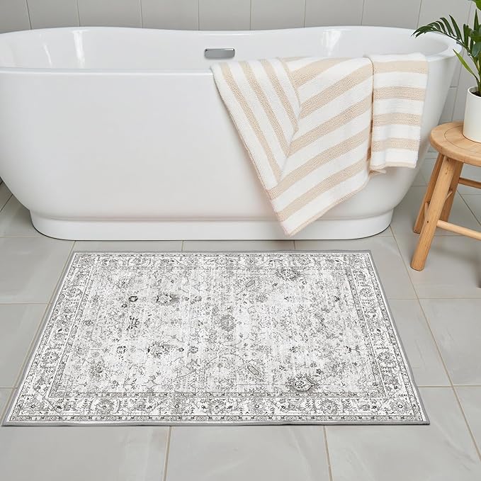 Area Rugs 24x17 Inch Home Decor Entry Rug, Small Door Mat Bath Mats for Bathroom, Ultra-Thin Non Slip Floral Low Pile Tub Mat for Sink Shower Doorway Tub Kitchen Sink(2 x 1.4 ft, Grey)