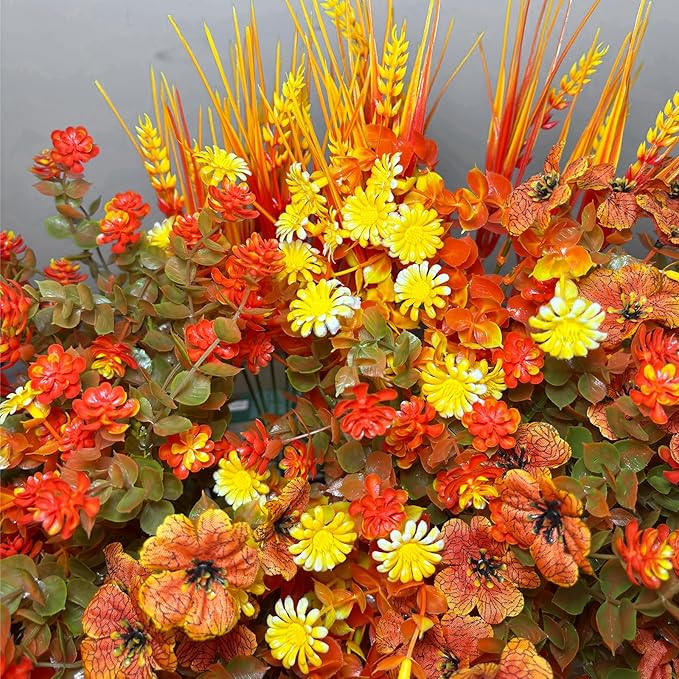 16 Bundles Fall Artificial Flowers for Outdoor, No Fade Faux Autumn Plants with Daisy Camellia Eucalyptus Lavender Stems for Front Door Porch Patio Yard Balcony Autumn Decor Thanksgiving Table