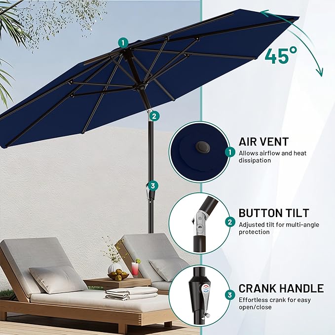 AreShark 9 FT Patio Umbrella for Outdoor, Outdoor Umbrella with Push Button Tilt and Crank, Outdoor Patio Umbrellas with 8 Sturdy Ribs for Market, Garden, Deck, Backyard, Pool (Navy)