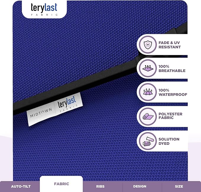 Midtown Umbrellas - 10-Year-No-Fade 6 Ft Patio Umbrella with Terylast Fabric, Auto-Tilt Aluminum Frame and 8 Reinforced Ribs for Deck, Pool, Garden & Beach - Royal Blue Canopy, Black Pole