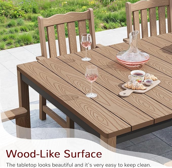 Stoog 7-Piece All-Weather Patio Dining Set, HIPS & Aluminum Outdoor Table with Umbrella Hole, 6 Waterproof Chairs, Fade & Rust Resistant, for Backyard, Garden, Deck, Teak