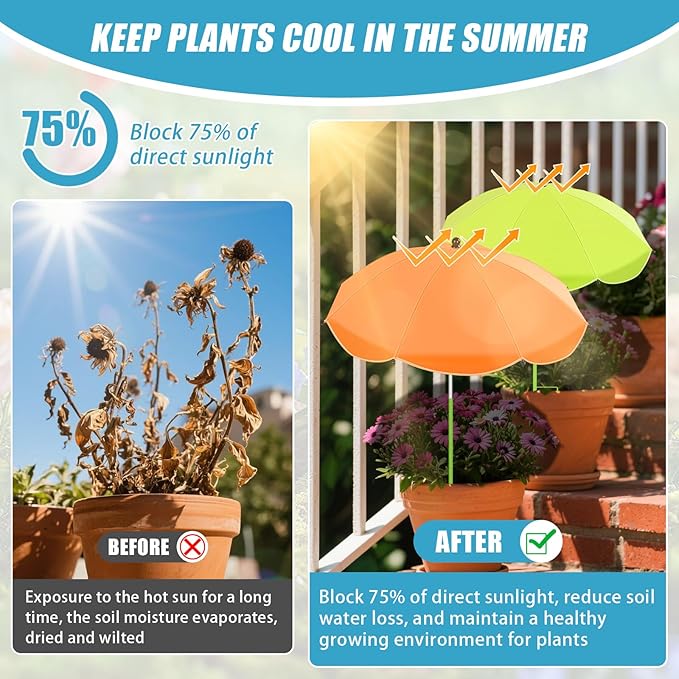 2 Pack Upgraded Plant Umbrellas for Outdoor Plants, 26" Larger Garden Plant Umbrella Shade with Adjustable Angle, 43.4" Higher Sun Shade for Plants, Potted Plant, Garden Beds (Green, Orange)
