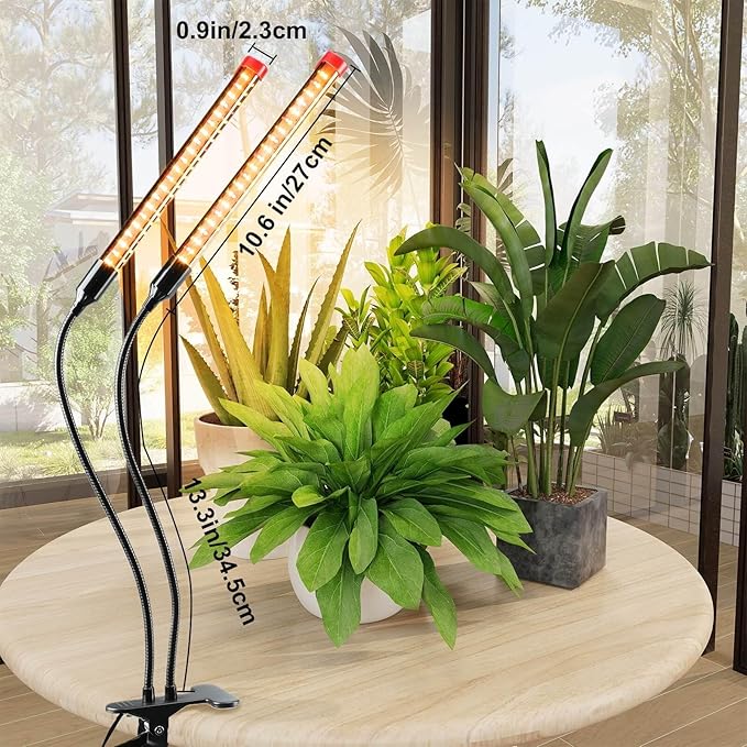Small 2Head Clip Grow Lights for Indoor Plants, Seed Starting, Bonsai, Succulent, Bright Plant Growing Lamps, 4/8/12/16/20H Timer, 18 Watt Power Draw, NO Need Adapter