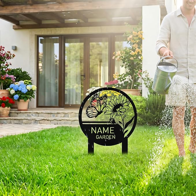 Custom Metal Garden Sign with Stake, Personalized Butterfly Flower Garden Signs for Outside, Customized Garden Name Signs for Yard Lawn Outdoor Decor Gardening Gifts for Moms Grandmas Gardeners