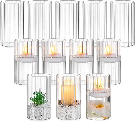 Glasseam Glass Pillar Candle Holder: Set of 12 Hurricane Candle Holders for Floating Candles Decorative Ribbed Vase for Flowers Cylinder Vases for Centerpieces Wedding Dining Table Thanksgiving 5.91’’