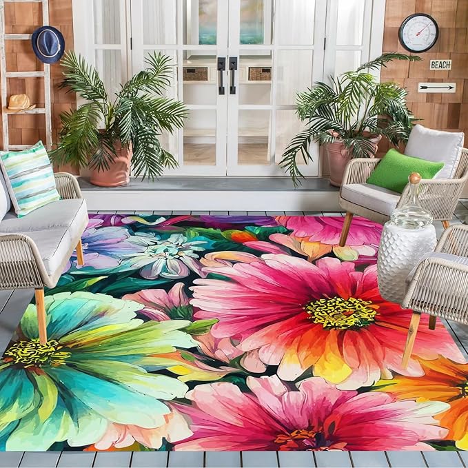 Lux Washable Outdoor Rug Farmhouse Modern Floral Pattern Red Green Area Rug for Patio Deck Porch Balcony Non Slip Romantic Backyard Garden Waterproof Carpet Cute Outside Rugs 3x8
