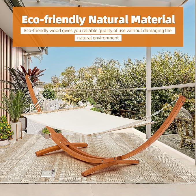 ECOTOUGE 14 FT Hammock with Stand for Outside, 2 Person Heavy Duty Wooden Hammock Stand, Large Hammock Bed for Porch, Patio, Balcony, Garden, Backyard, White-Yellow