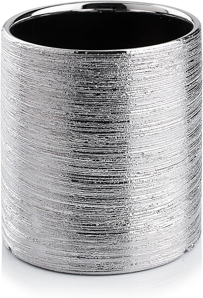 WGVI Silver Etched Ceramic Cylinder Vase Width 3.75" Height 4", Flower Arrangements, Candle Holder, Terrarium Planter Pot, Storage Container Organizer, Pen Brush Holder, Scratched Texture, 1 Piece