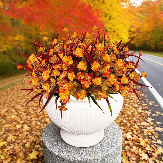 Artificial Fall Flowers Faux Mums, Autumn Outdoor Indoor Decor, Fake Daisy Plants with Eucalyptus Leaves Grass, Orange Flowers UV Resistant Greenery for Porch Patio Boxwood Home Garden, 12PCS