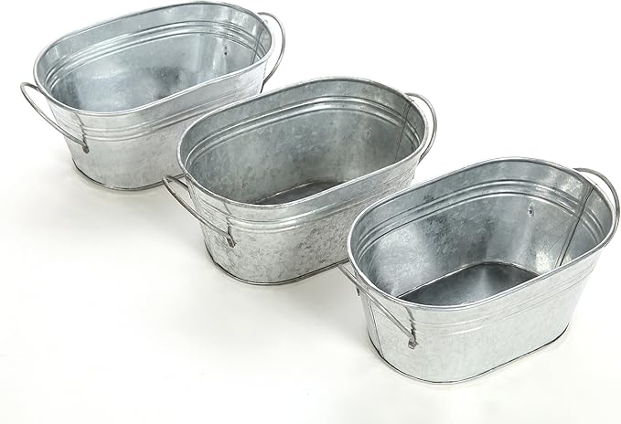 Hosley Set of 3 Galvanized Oval Planters 8 Inches Long with Handles, Rustic Charm for Floral Arrangements Indoor and Outdoor Gardening D cor
