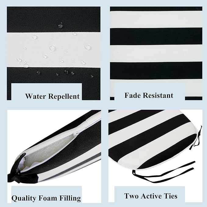 FUNHOME 17"x16"x2" Outdoor Chair Cushions Set of 2, Water Resistant Patio Chair Pads with Ties, Seat Cushions for Home Garden Furniture Decoration-Black White Stripe