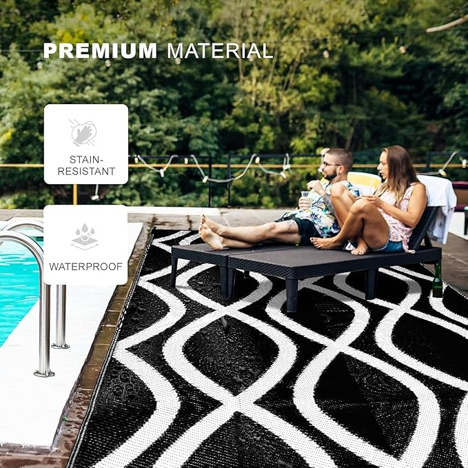 wikiwiki 8x10ft Outdoor Rug, Reversible Plastic Patio Rug Waterproof, Indoor Outdoor Carpet Clearance, Large Area Carpet for Patio Deck Balcony Pool RV Camping Beach Picnic, Black & White