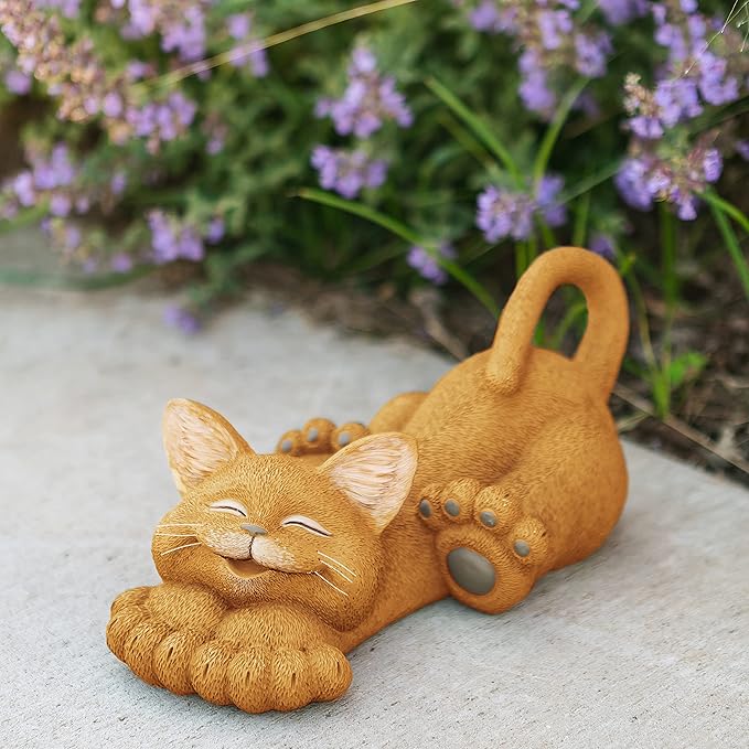 JFSM INC. 12" Whimsical Lounging Orange Cat Garden Statue - Indoor Outdoor Relaxed Zen Cat Sculpture - Garden Decorations for Patio Yard Lawn Porch