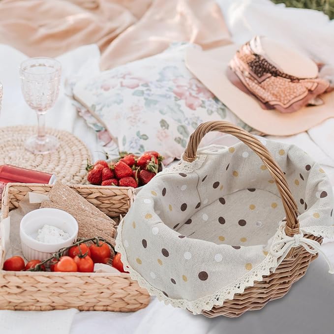 Handwoven Picnic Basket with Lining and Handle – Small Wicker Storage Basket for Outdoor Camping, Garden Harvest, and Travel Picnic Accessories