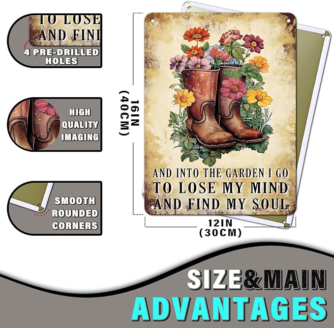 PEACHGARDEN Garden Retro Tin Sign And Into The Garden I Go To Lose My Mind And Find My Soul Metal Sign Outdoor Flowers Decor 12x16inch