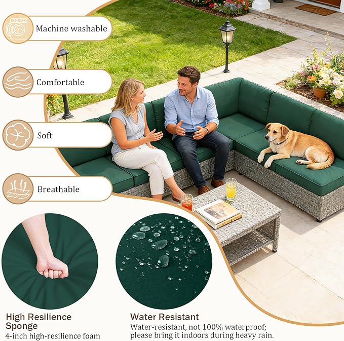 14 Pcs Outdoor Replacement Cushions for Patio Furniture, All Weather Water Resistant Cushion for 6 Seat Rattan Wicker Sectional Patio Conversation Sets and Couch (Dark Green)