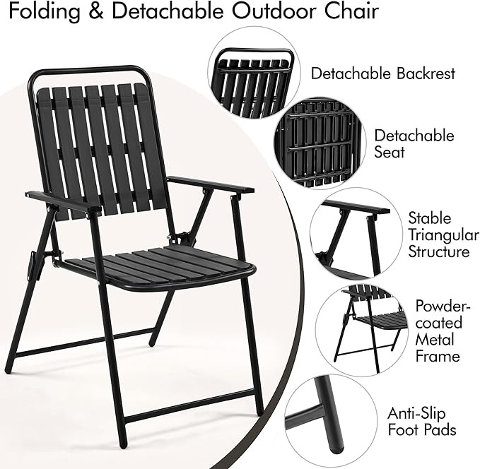 Yaheetech Folding Patio Chair Set of 8, Outdoor Dining Chair with Armrests, Plastic Patio Chair for Porch, Deck, Garden, Backyard, No Assembly Black
