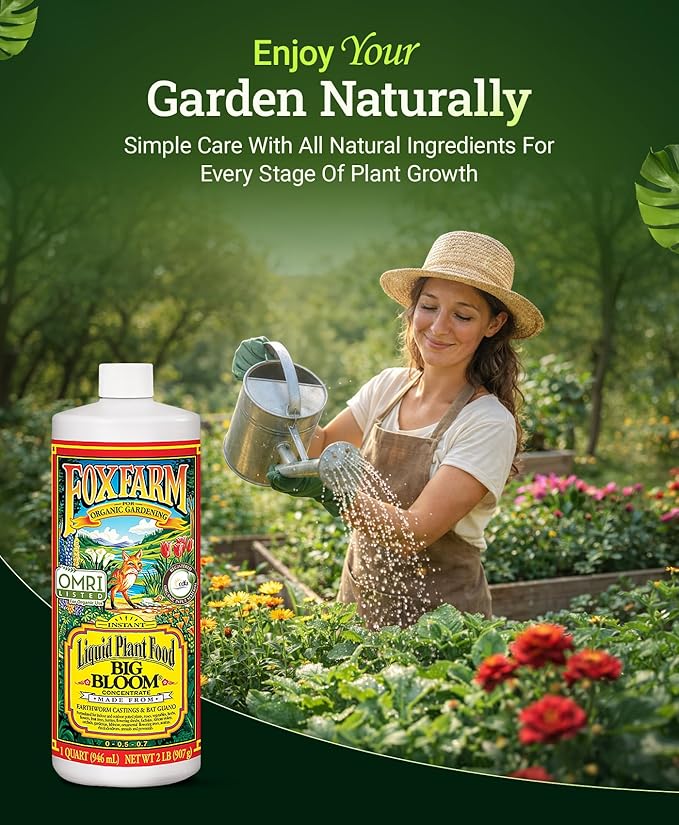 FoxFarm - Big Bloom Plant Food, Liquid Fertilizer Concentrate for Flowers, Fruits, and Vegetables, All Purpose Plant Fertilizer for Indoor & Outdoor Potted Plants, NPK 0-0.5-0.7 (Quart)