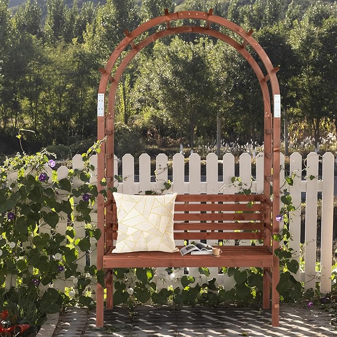 6.8FT Garden Arch with Bench, Arbor Arch for Climbing Plants with Garden Bench, Garden Arbors Trellises for Climbing Plants, Patio Trellis Pergola for Decoration, Wooden Arbor Trellis Garden