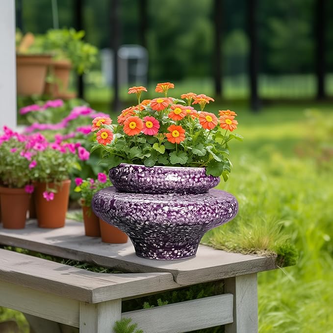 Ceramic Planters - 11 Inch Ceramic Pots for Plants with Drainage Hole, Decorative Planters for Indoor Outdoor, Unique Flower Pots, Garden Office House Decor, Gifts for Plants Lover, Purple