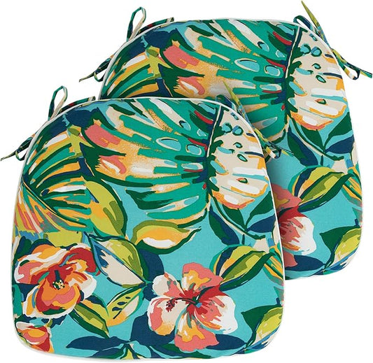 FUNHOME 17"x16"x2" Outdoor Chair Cushions Set of 2, Water Resistant Patio Chair Pads with Ties, Seat Cushions for Home Garden Furniture Decoration-Rosario Flower Leaf