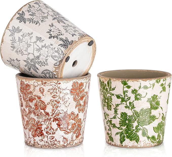 Sungmor Vintage Ceramic Planter Set of 3 - Decorative Indoor & Outdoor Flower Pots with Drainage Holes - Tuscan Décor Pots, 5.5" Ice Crackle Glaze Planters for Home, Kitchen, Patio, and Garden