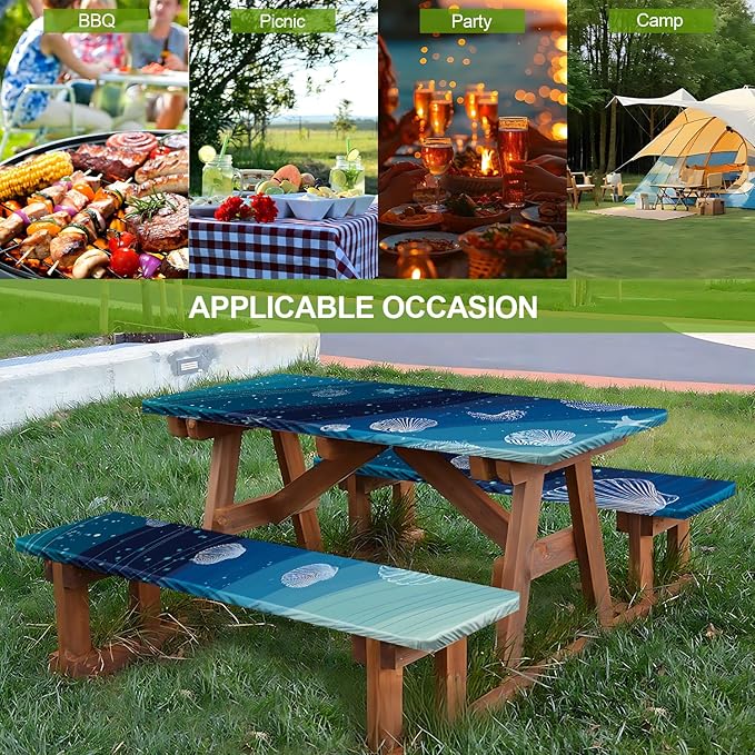 Picnic Table Cover with Bench Covers Set of 3 - Coastal Shells Ocean Beach Starfish Pattern, Elastic Fitted Tablecloth for 6 Ft Tables, Washable Polyester Cover for Patio, Indoor & Outdoor