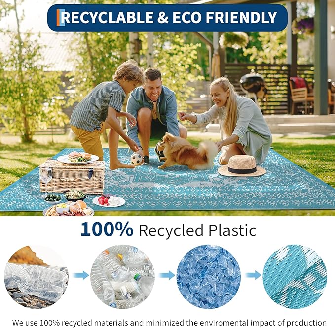 COZYLOOM Outdoor Rug 9x18 Waterproof Reversible Plastic Straw Mat, Large Patio Rug Vintage Medallion Area Rug Indoor Outdoor Rugs for Deck, Balcony, Camping, Beach, Picnic, Porch