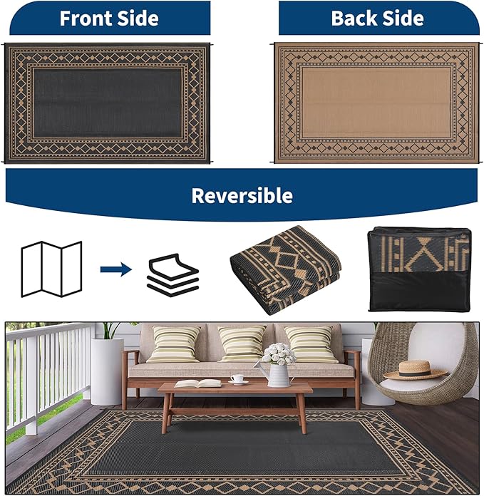 Garvee Outdoor Rug 9x18 ft, Patio Plastic Straw Rug Waterproof Reversible Patio Mat, Large Plastic Straw Rug for RV, Camping, Deck, Balcony, Easy Clean & Portable,Dark Brown