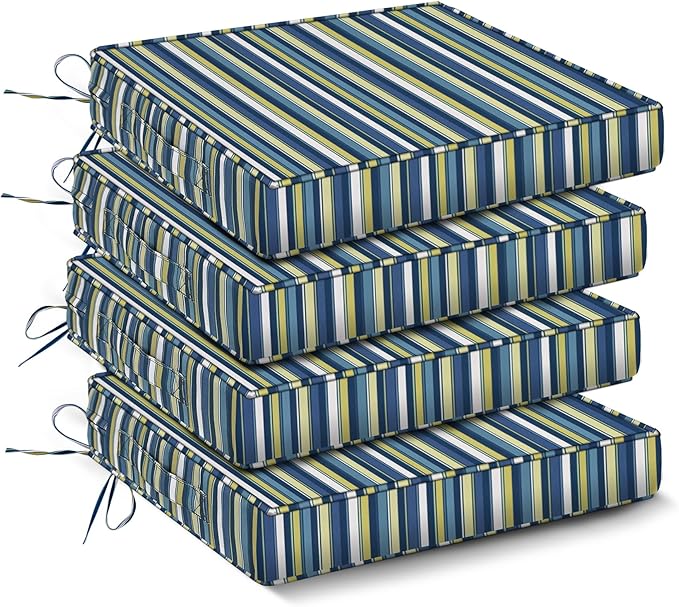 Outdoor Chair Cushions Set of 4,Waterproof Outdoor Seat Cushions for Patio Furniture,Patio Chair Cushion with Handle and Ties, Out Door Chair Pads,19" x 19" x 3", Blue Stripe