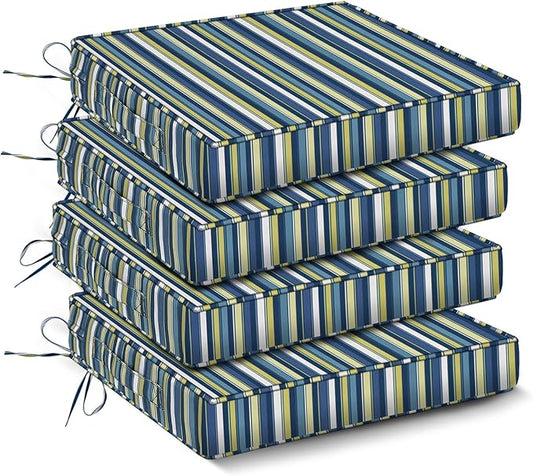 Outdoor Chair Cushions Set of 4,Waterproof Outdoor Seat Cushions for Patio Furniture,Patio Chair Cushion with Handle and Ties, Out Door Chair Pads,17" x 16" x 2", Blue Stripe