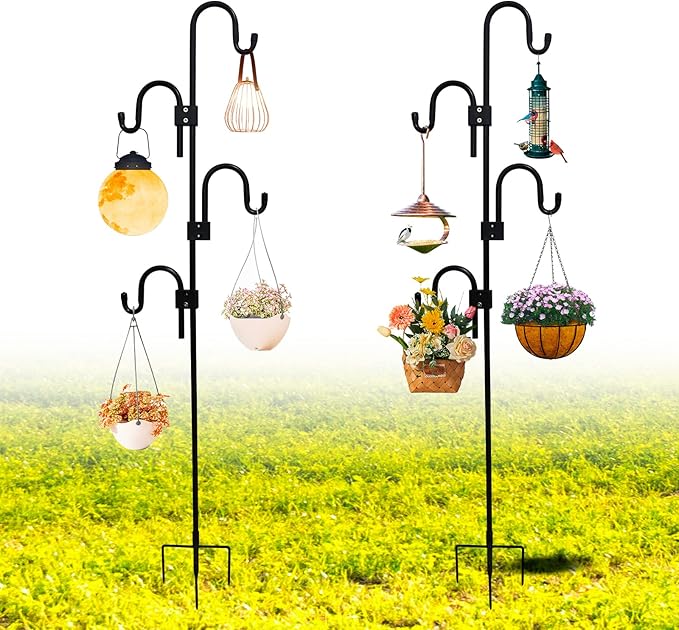 Shepards Hooks for Outdoor Adjustable Bird Feeder Pole with 5 Base Prongs 76 Inch Heavy Duty Garden Hanging Holder for Lanterns, Solar Lights, Bird Feeder, Wedding, Planter Pot-4 Hooks