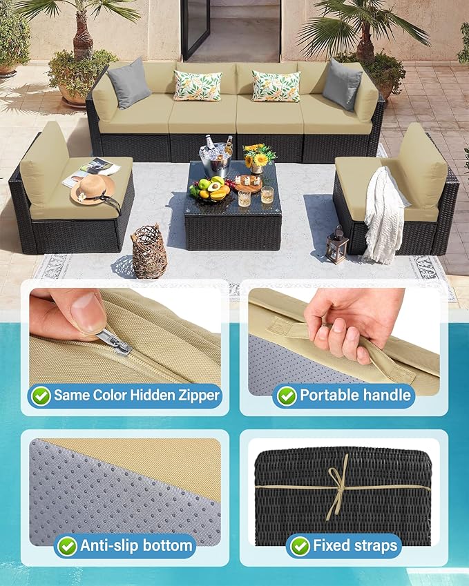 YEFU Outdoor Cushions for Patio Furniture: Replacement Cushions for Outdoor Furniture - Waterproof Couch Cushion - Fade-Resistant/Easy Clean - 14 Piece Sectional Cushion - Non-Slip/Storage Bag/Beige