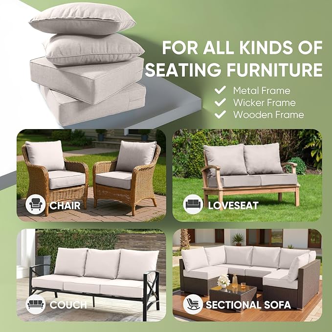 Outdoor Furniture Cushions, 6 inch Thick Seat Cushions for Outdoor Furniture, Waterproof 24x24 Patio Couch Cushions, Replacement Chair/Sofa Cushion, Include 4 Back & 4 Seat Cushion, Thick/Beige