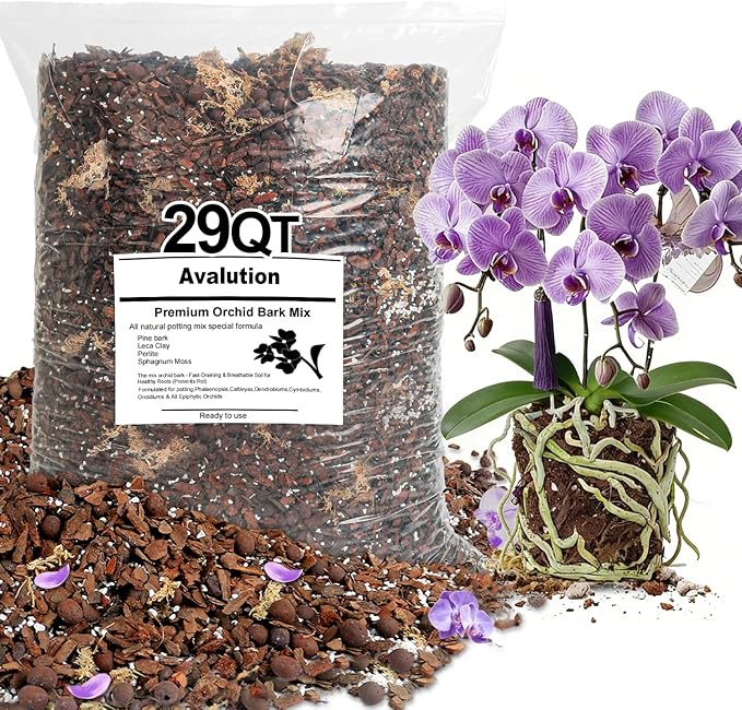 Orchid Bark Potting Mix 29 Quart, Mix Pine Bark, Organic Perlite, Sphagnum Moss and Leca Clay Pebbles for Plants, Orchid Fertilizer Garden Soil for Root Development