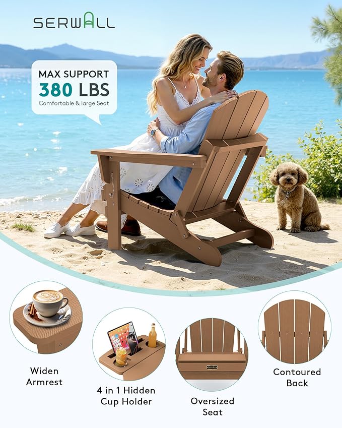 SERWALL Folding Adirondack Chair Set of 4, Outdoor Adirondack Chairs with 4 in 1 Cup Holder, Wood Texture Patio Chairs, Weather Resistant Fire Pit Chairs for Patio Deck Garden, Backyard Deck - Brown