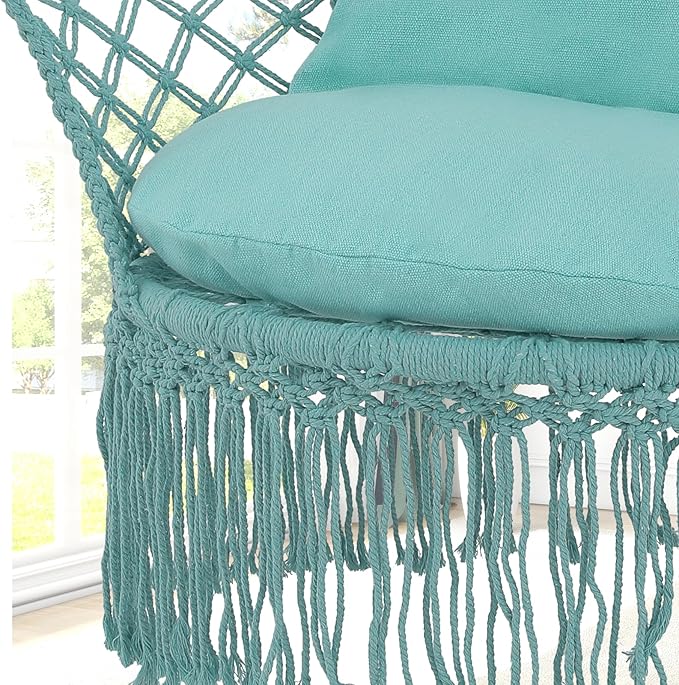 Athena Collection Hammock Swing Chair with Cushion, Outdoor Macrame Chair with Mounting Hardware, Max 350 Lbs, Large Cotton Rope Hanging Chair for Outdoor Indoor Porch Garden, Green