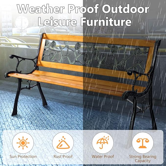 S AFSTAR Outdoor Garden Bench, Outdoor Porch Bench with Rose Cast Backrest & Stable Metal Legs, Weatherproof 2-3 Person Park Bench for Outside Patio Garden Backyard Poolside