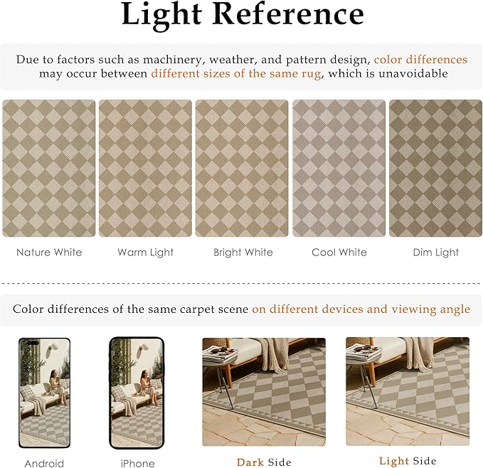 HUGEAR 8x10 Outdoor Rug Brown/Beige Linen-Look Fabric Checkered Area Rug High Traffic Stain Resistant Easy Clean Durable Rugs for Indoor/Outdoor Patio Deck Balcony Porch Garden Courtyard