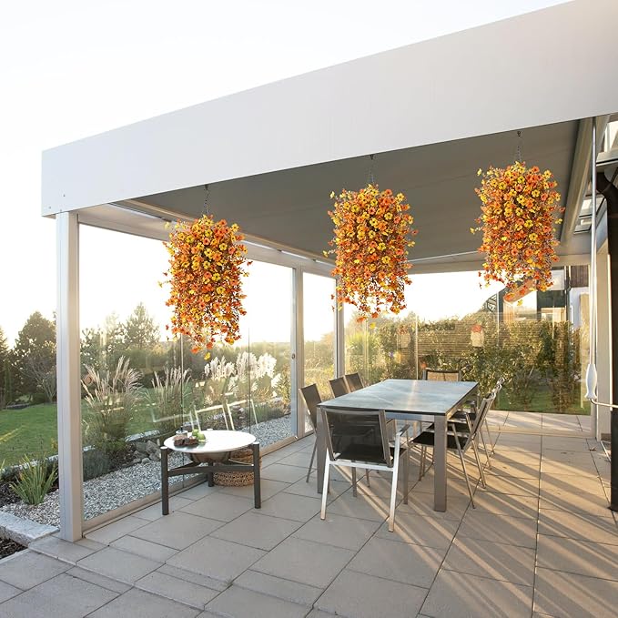 Fall Artificial Fake Mums Hanging Flowers Plants Basket for Outdoor Autumn Decoration, Fake Silk Orange Planters UV Resistant Look Real for Home Patio Balcony Yard Porch Decor(Yellow Orange)
