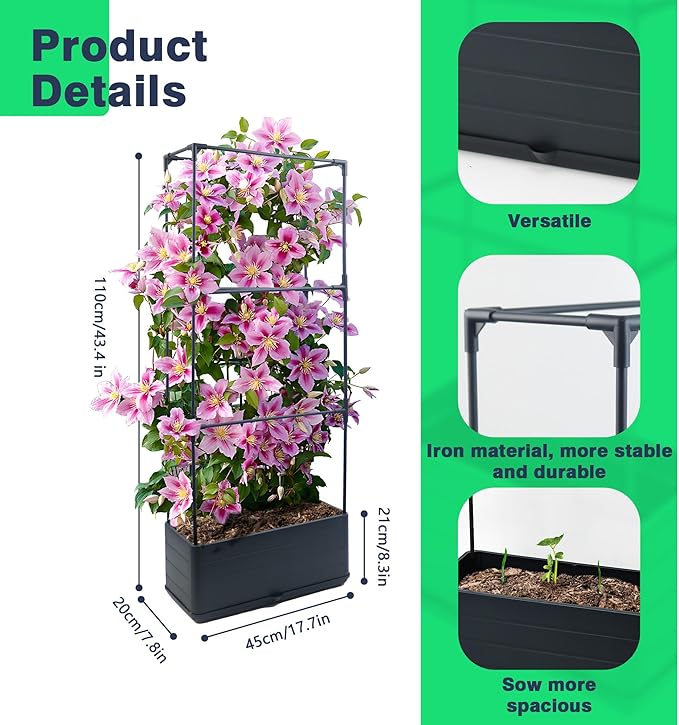 2Pack Raised Garden Bed Planter Boxe with Trellis, 43.4" Self Watering Tomato Raised Planter Box with Trellis for Climbing Vegetable Flowers and Plants, Tomato Cage for Indoor Outdoor Use