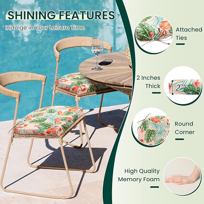 HARBOREST Outdoor Chair Cushions Set of 4, Water Resistant Patio Chair Cushions with Ties, Outdoor Seat Cushions for Patio Furniture, 17"x16"x2", Flamingo