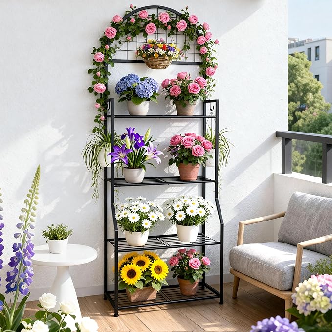 4 Tier Plant Stand Indoor Outdoor, Metal Plant Display Stand Plants Shelf Rack for Multiple Plants, Black Flower Plante Pots Holder for Patio Garden Balcony Living Room