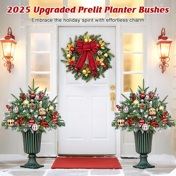 2 Pack Christmas Urn Filler, 24" Prelit Planter Bushes Outdoor Christmas Tree with 50 LED Lights, Pine Cones, Red Berries & Christmas Balls for Front Porch Pathway Yard Decorations