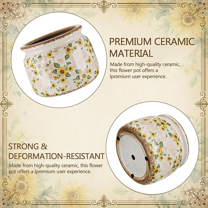 7.7″ Large Vintage Ceramic Plant Pot with Sunflowers Pattern Warm Yellow Rustic Planter with Ice Crackle Glaze & Drainage Hole for Indoor Outdoor Plants Home Kitchen Office Decor Gift