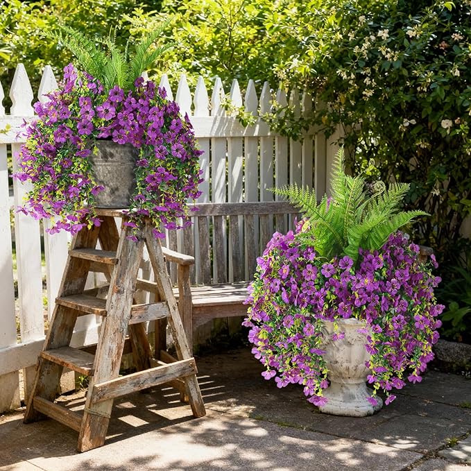 Artificial Fake Hanging Flowers for Outdoors, Silk Daisy with Articial Boston Ferns Plants Set, Realistic Spring Fake Outdoor Flowers UV Resistant Porch Patio Yard Decor